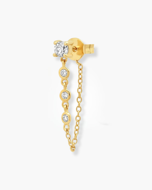 Gold Plated Single Stone Stud & Draped Chain Earring