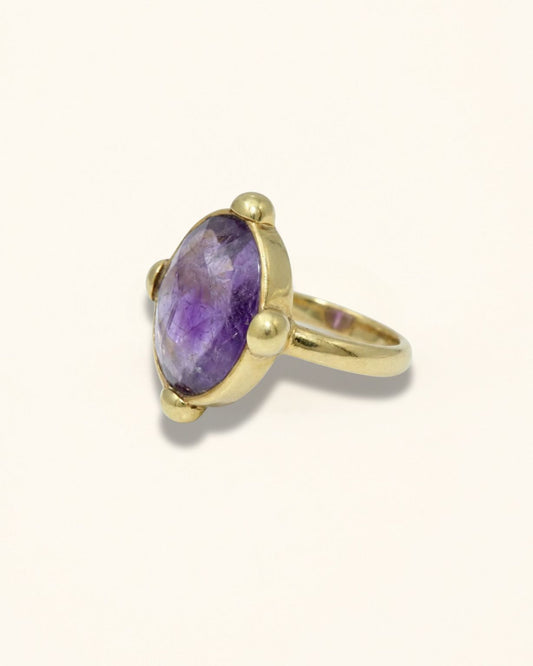 Handmade Oval Checker Amethyst Brass Statement Ring