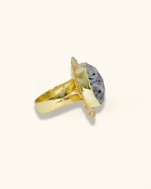 Handmade Round Checker Black Rutile Ring