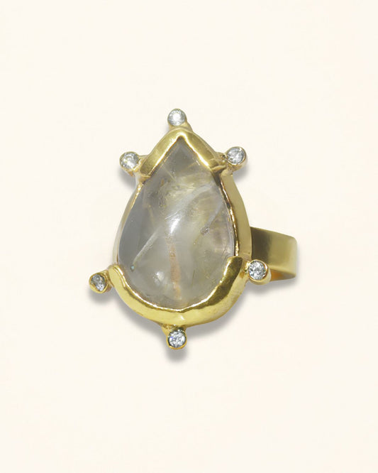 Handmade Pear golden rutilated quartz and moissanite