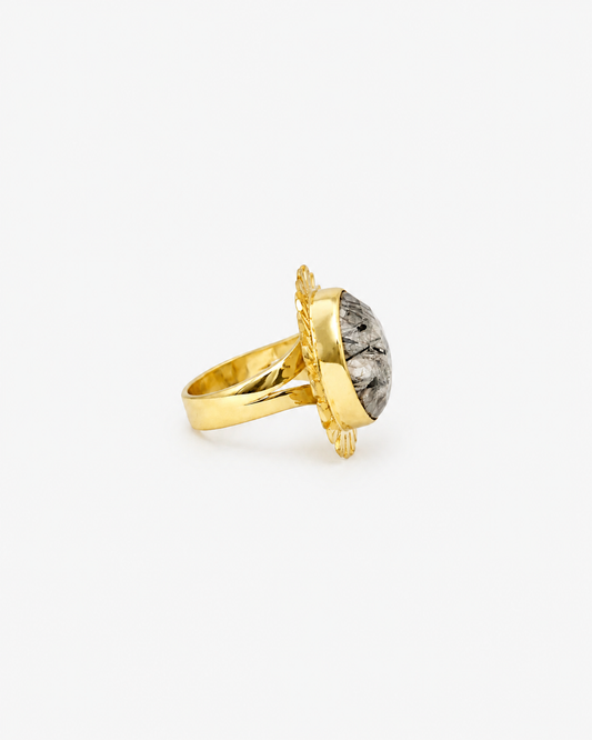 Handmade Round Checker Black Rutile Ring