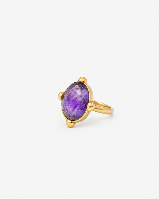 Handmade Oval Checker Amethyst Brass Statement Ring
