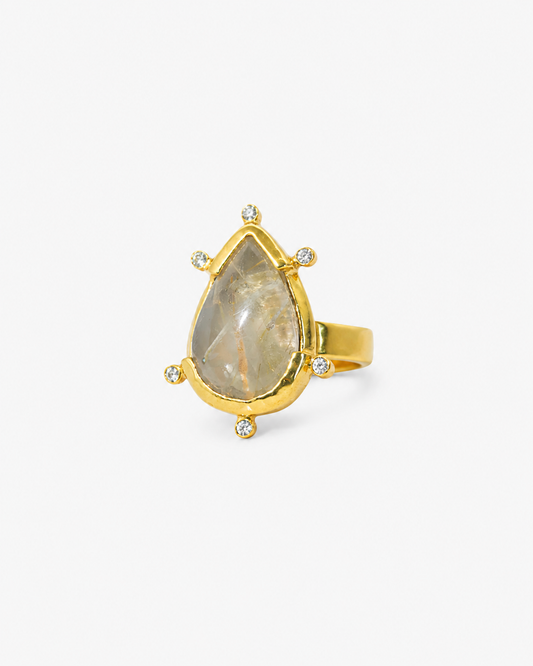 Handmade Pear golden rutilated quartz and moissanite