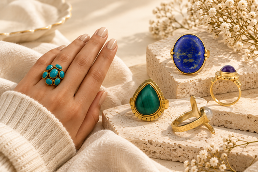 Handmade gold rings featuring blue, green, and purple gemstones displayed on textured stone blocks beside a hand wearing a turquoise statement ring.