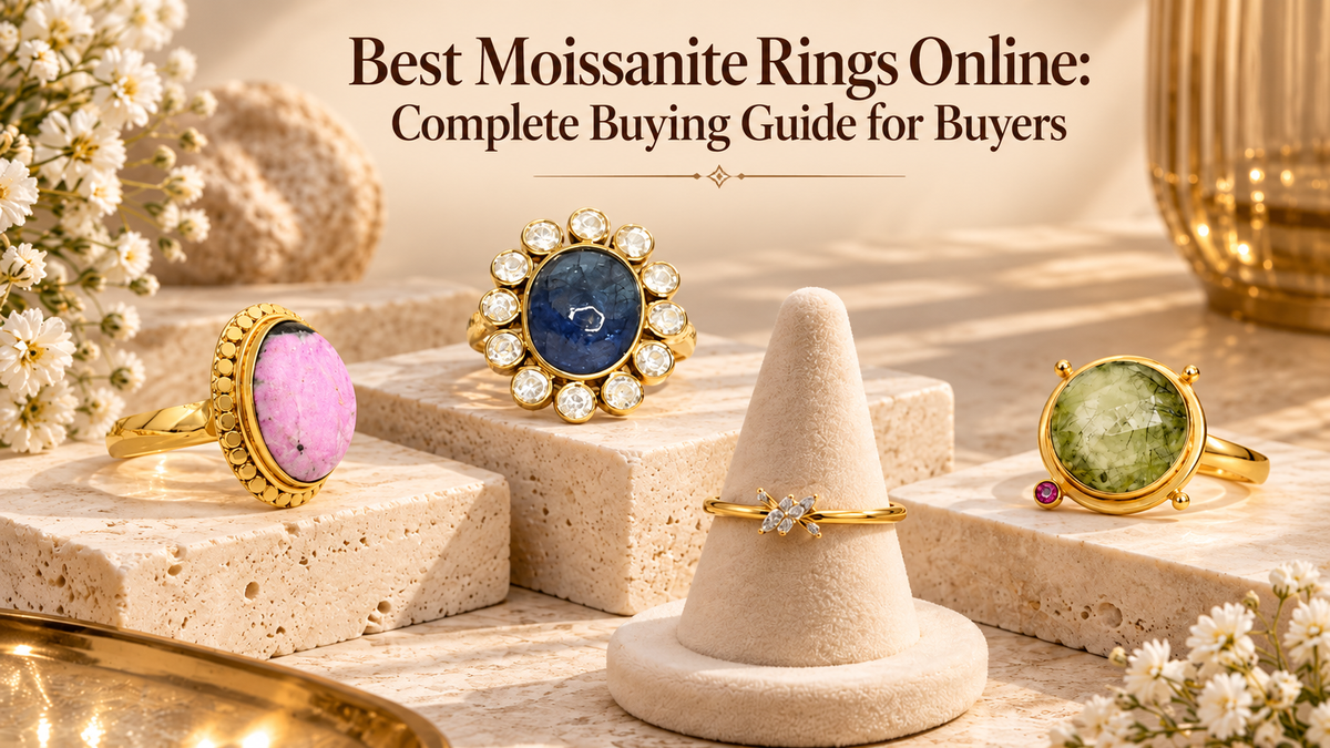 Luxury moissanite rings in gold settings displayed on cream stone platforms, featuring pink, blue, and green gemstones with elegant floral accents and a beige background. Banner titled Best Moissanite Rings Online: Complete Buying Guide for Buyers.