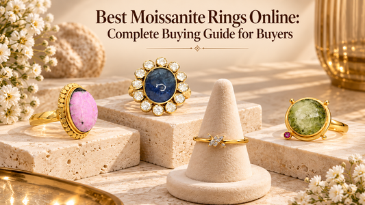 Luxury moissanite rings in gold settings displayed on cream stone platforms, featuring pink, blue, and green gemstones with elegant floral accents and a beige background. Banner titled Best Moissanite Rings Online: Complete Buying Guide for Buyers.