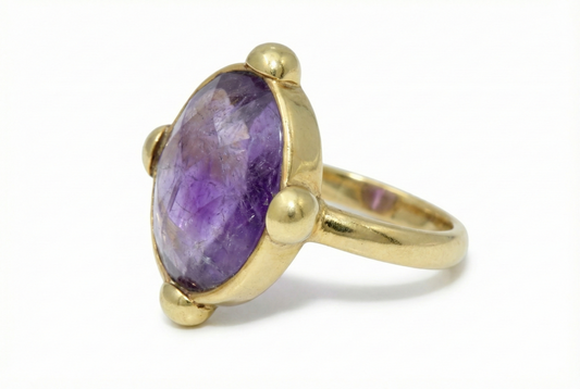 Handmade Oval Checker Amethyst Brass Statement Ring