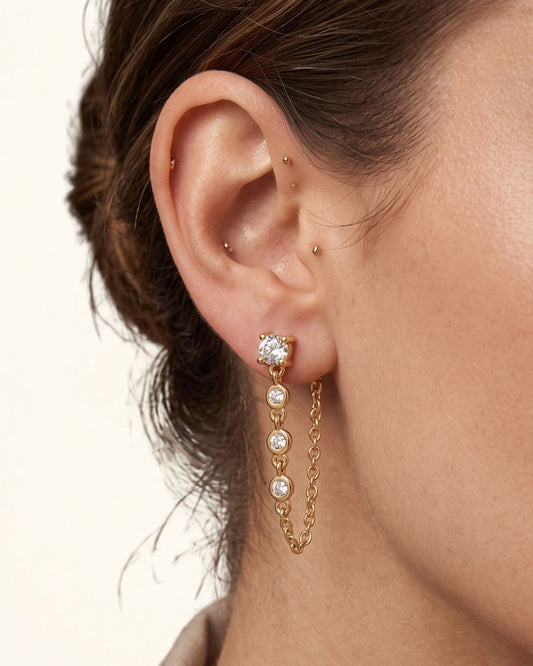 Gold Plated Single Stone Stud & Draped Chain Earring