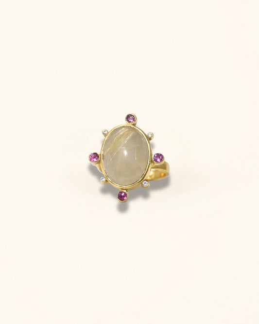 Handmade Golden Rutile and Rhodolite Ring