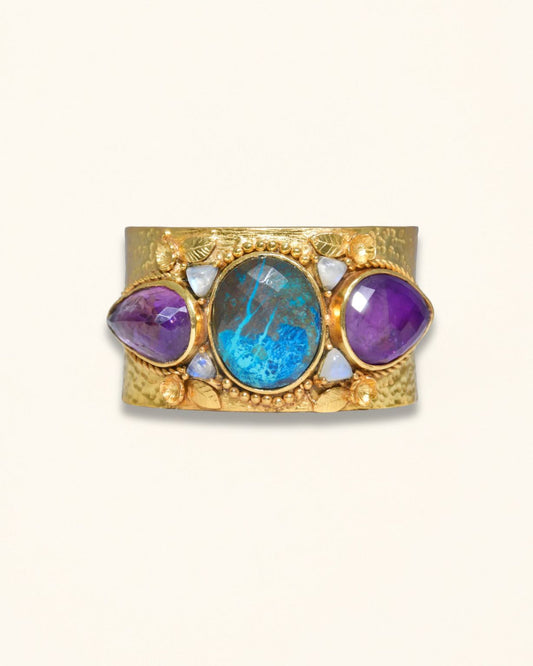 Handmade Pear Checker Cut Amyethyst And Chrysocolla Bracelet