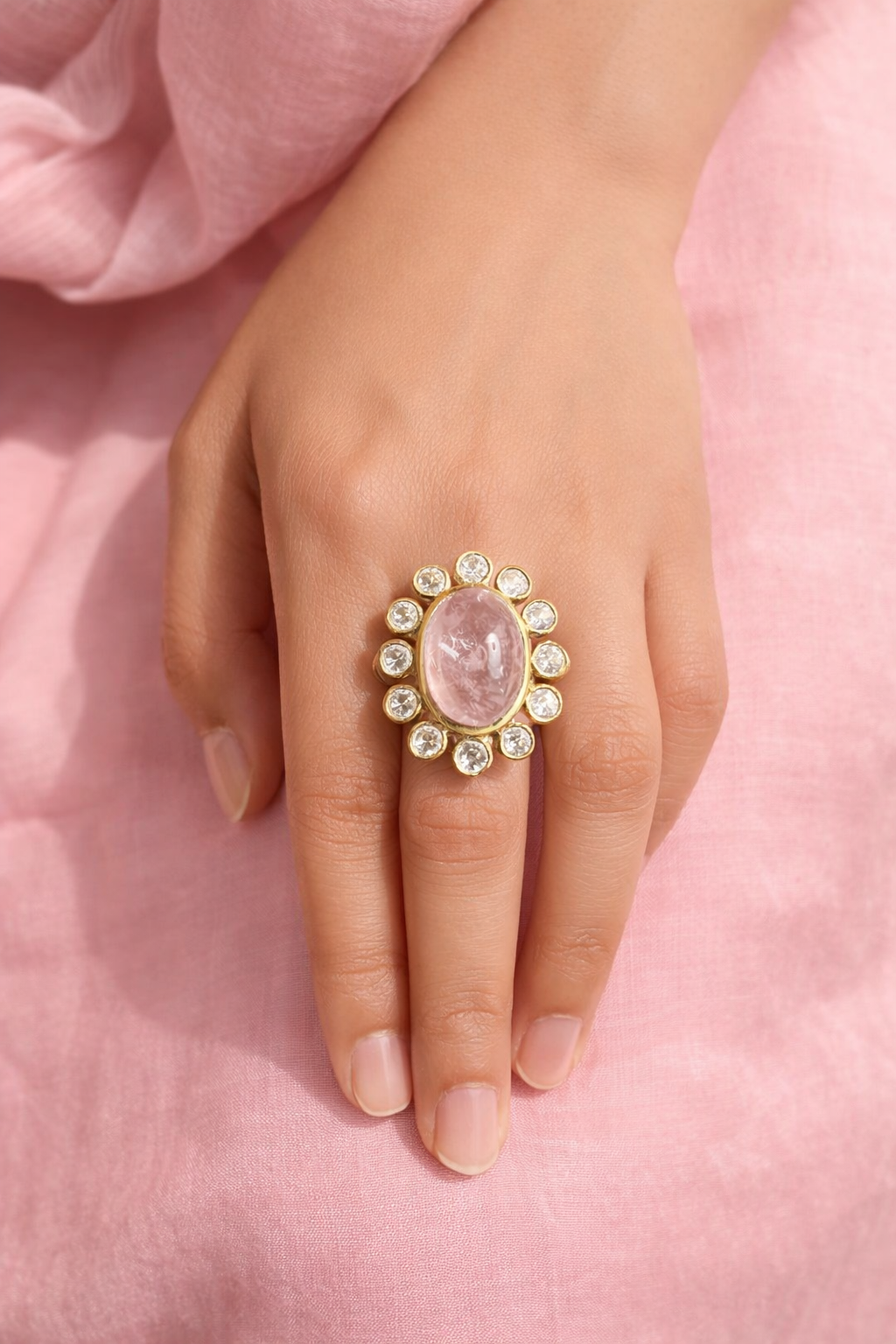 Handmade Dual tone Morganite Cabochon Polki Ring3