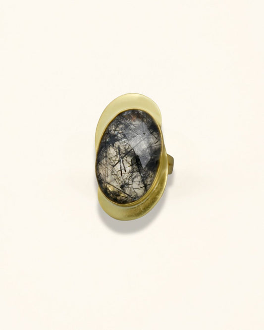 Handmade Oval Black Rutile Ring