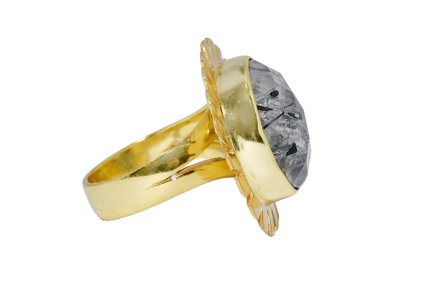 Handmade Round Checker Black Rutile Ring