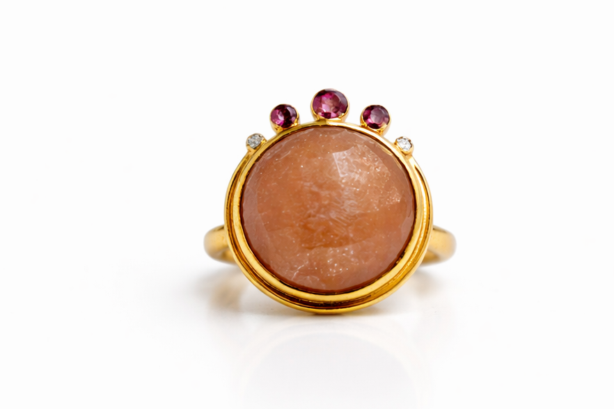 Handmade checker cut sunstone ring