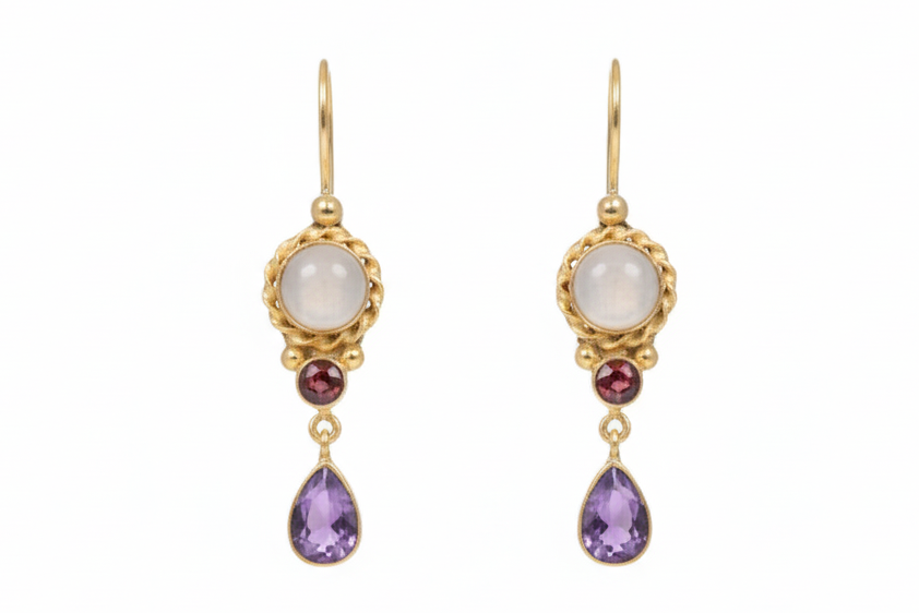 Handmade moonstone and amethyst earrrings