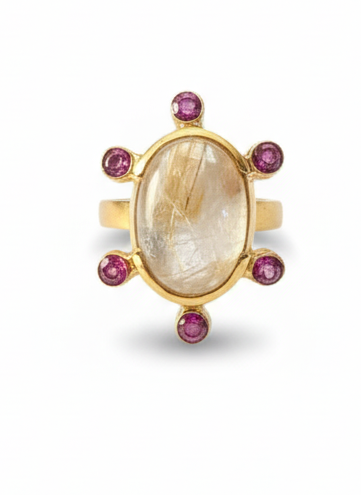 Handmade oval golden rutilated quartz ring