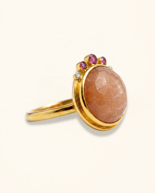 Handmade checker cut sunstone ring