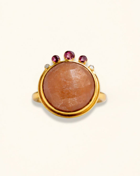 Handmade checker cut sunstone ring