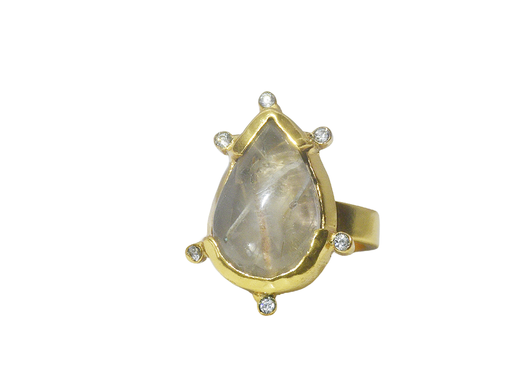 Handmade Pear golden rutilated quartz and moissanite