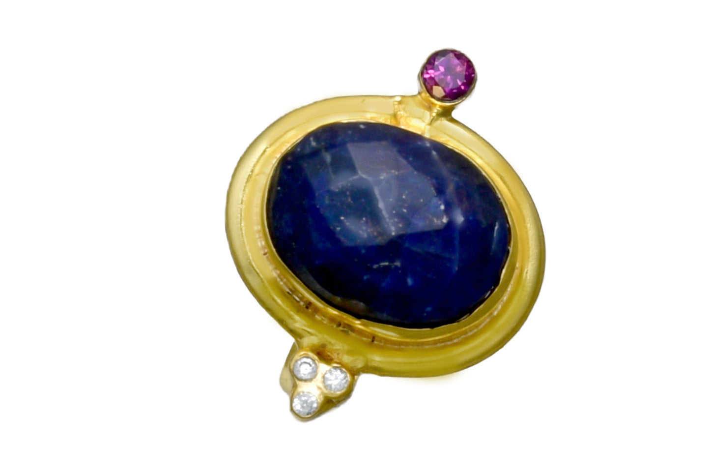 checker cut sodalite ring with moissanite and rhodolite