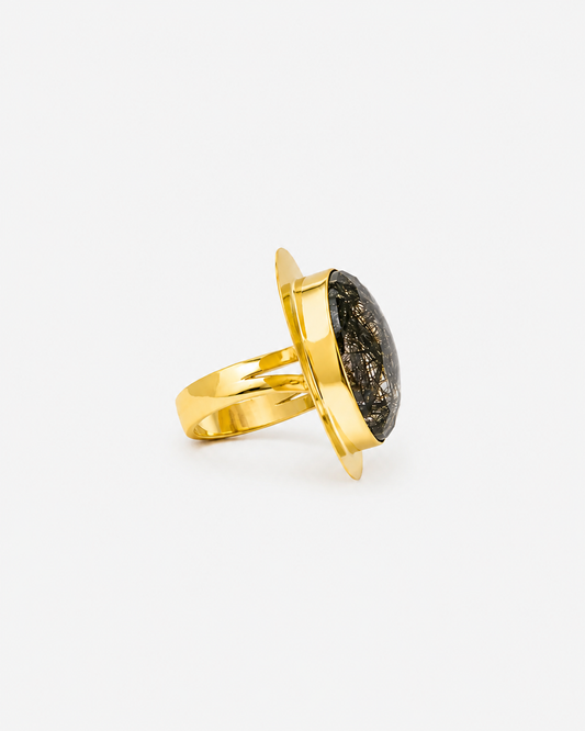 Handmade Oval Black Rutile Ring