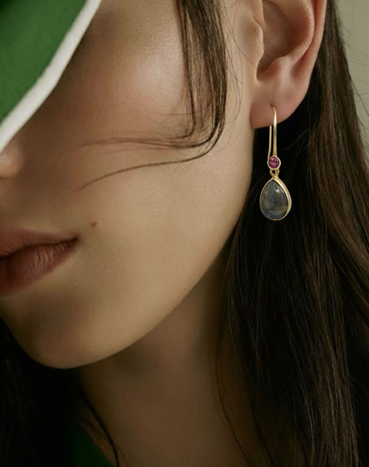 pear labradorite rhodolite earring