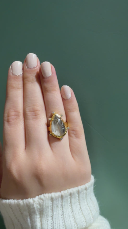 Handmade Pear golden rutilated quartz and moissanite