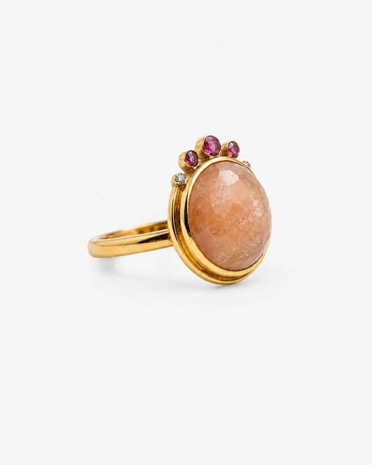 Handmade checker cut sunstone ring